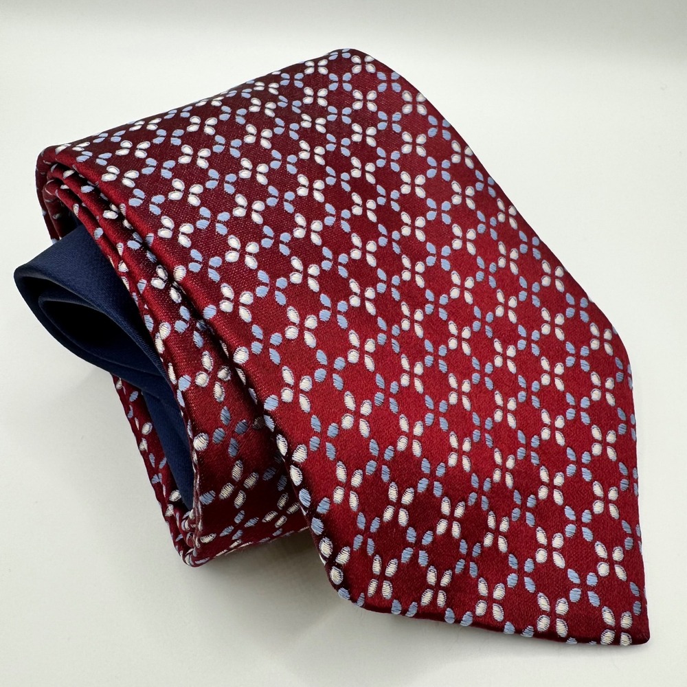 Tommy Hilfiger Mens Silk Tie Burgundy Red Blue Geometric Floral Pattern USA Made